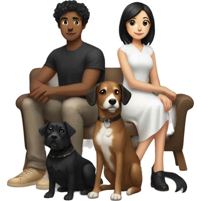 girl with white skin and black hair sitting next to a man with tan skin and black hair, a black and white dog sitting next to them and also a brown dog sitting next to them  emoji