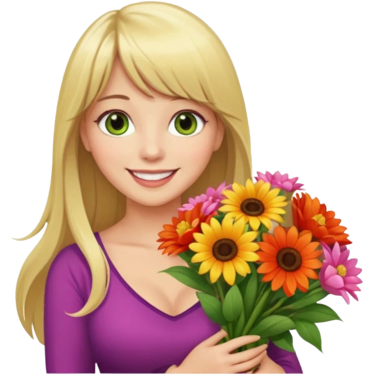 Long blonde haired with bangs, and big boobs smiling woman with hazel geen eyes holding a big bouquet of beautiful bright flowers  emoji