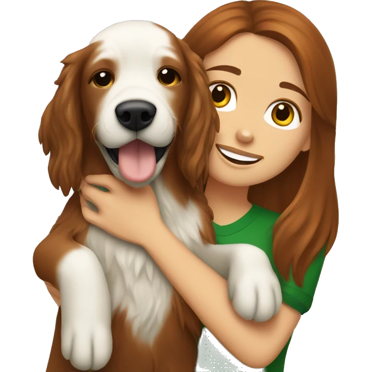 Brunette white girl hugging an irish setter dog emoji