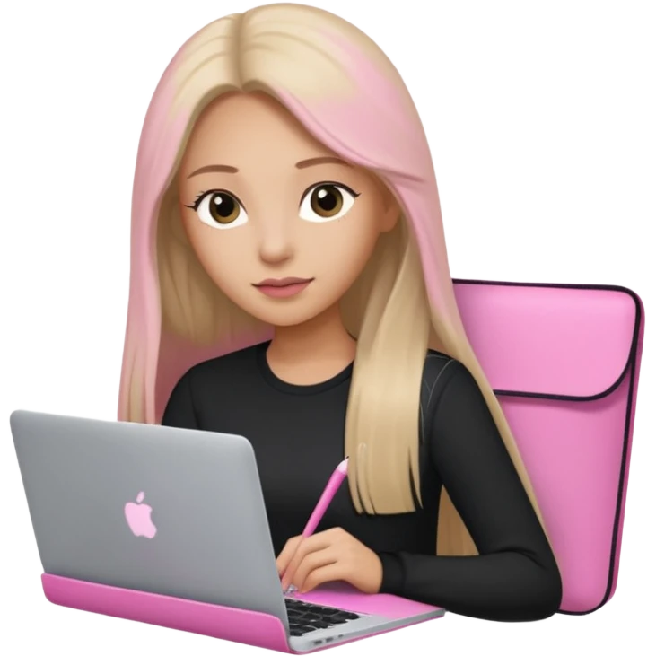 Mujer lacia peli larga y peli larga  en una MacBook rosa investigando y haciendo tareas con un libro de apuntes y con cara muy linda como modelo emoji
