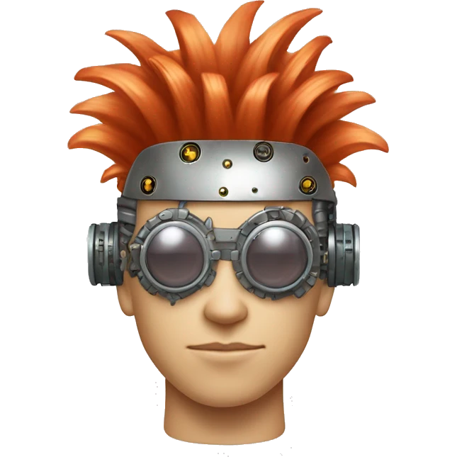 Light red Mohawk hair male cyborg head with white steampunk goggles and circuits emoji
