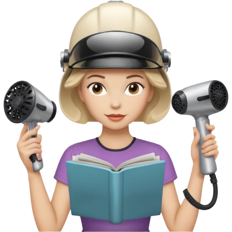 Emoji de mujer con casco secador, pelo recogido, cogiendo revista con las dos manos, estilo vintage chic emoji