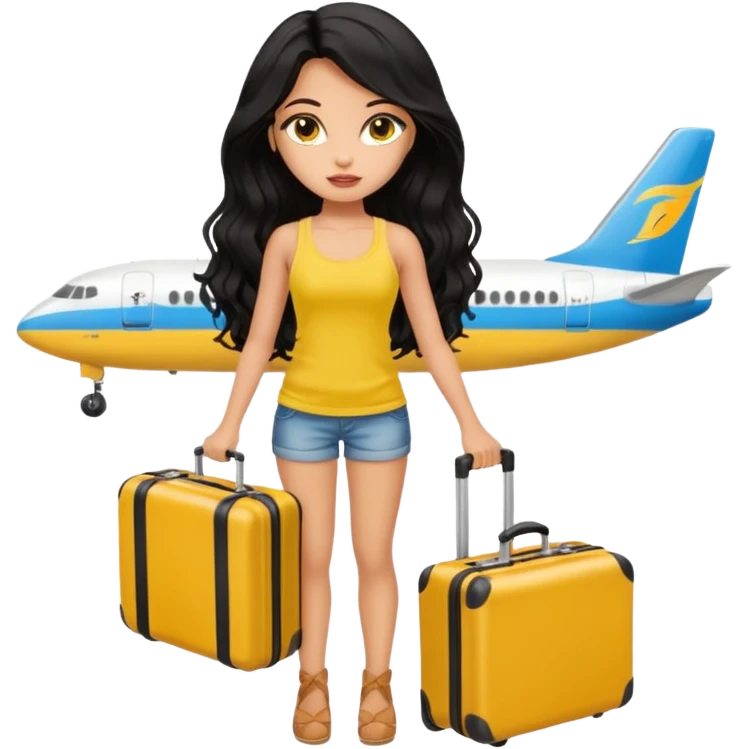 a pretty bratz dusky girl with long wavy black hair in a yellow tank top with a black suitcase at an airport emoji