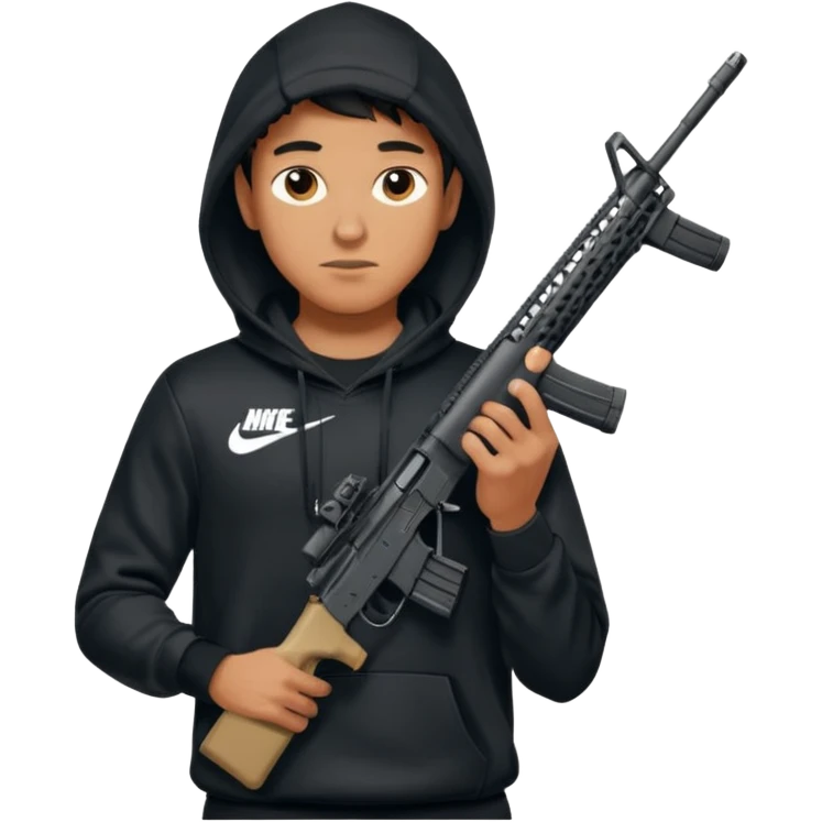
Fais moi un jeune taliban qui ressemble qui tient une AR15 avec un hoodie a capuche, capuché, avec la cagoule nike therma fit hood emoji