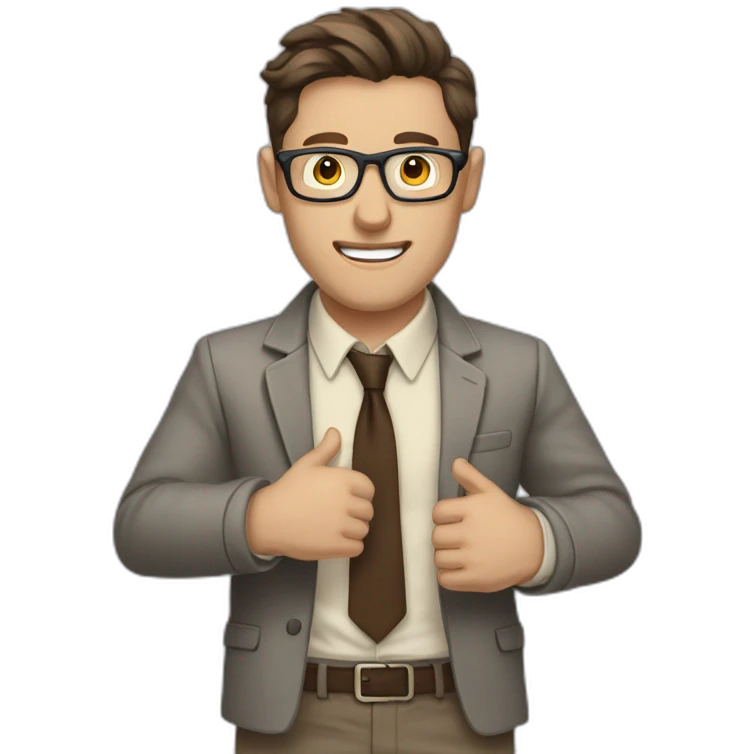 To belt Actively gesturing with hands Pale skinned fit man with dark brown hair in gray jacket, beige office shirt, brown tie, brown pants and vintage glasses. emoji