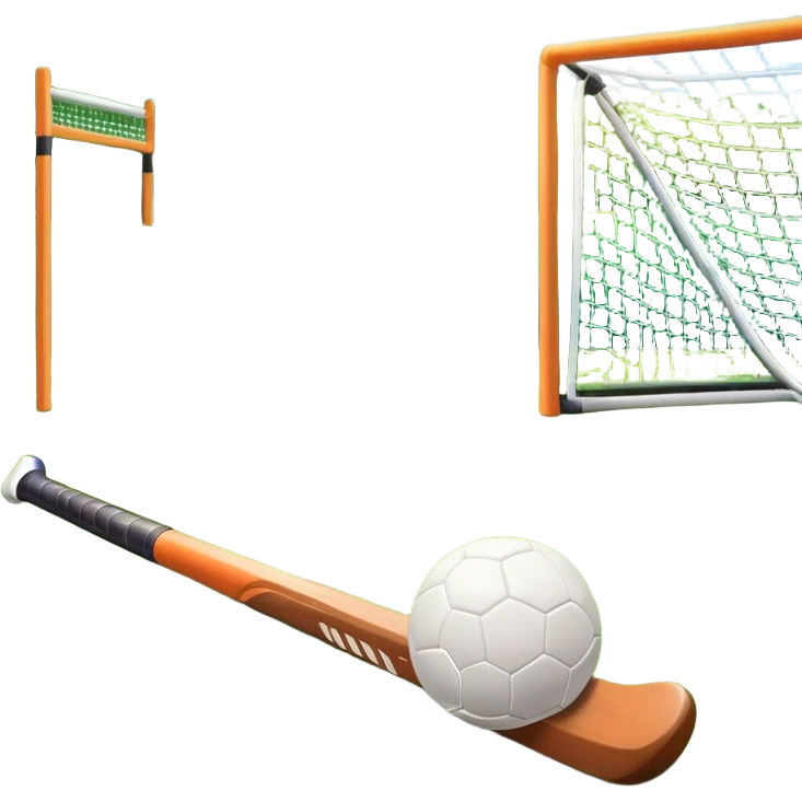 A field hockey stick and ball positioned on a vibrant green grass field, with the goalposts and clear field markings in the background. The scene highlights the lush, well-maintained turf, emphasizing the speed and precision of the sport in an energizing outdoor setting. emoji