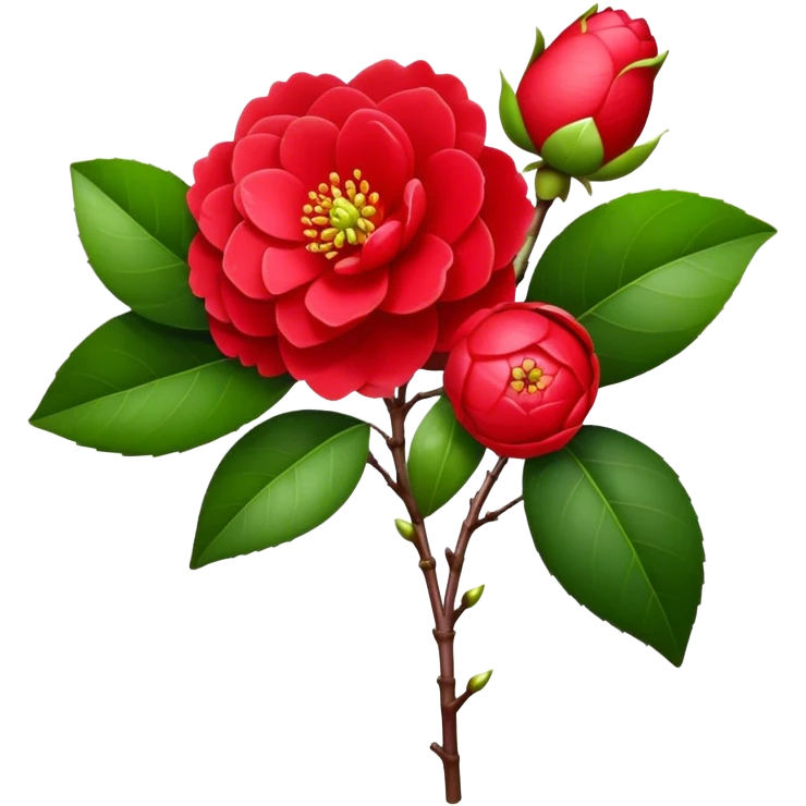 bouquet Red Camellia, luxuriant, stem, leaf, bud emoji