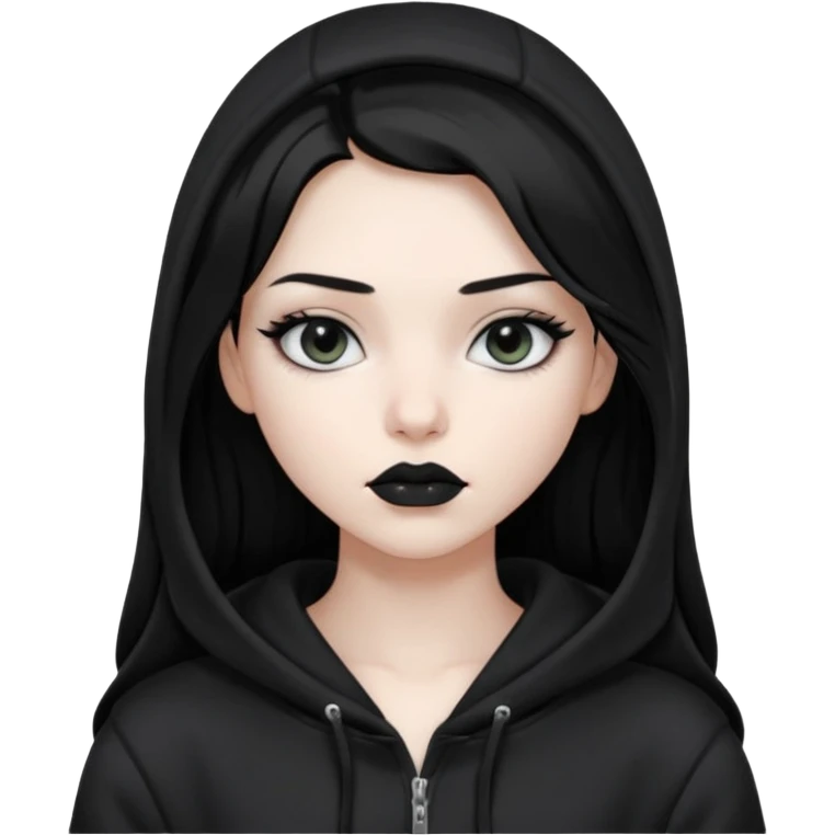 Black haired girl, silver eyes, black lipstick, white skin, black hoodie, sharp face, long hair, hoodie off emoji