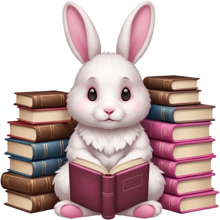 White rabbit sitting horizontally in a natural position on 4 legs, without a book.  There are 3 books nearby. books lie on top of each other  in brown tones

 emoji