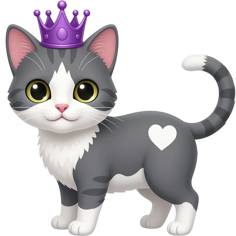 Female gray and white kitten with white heart on side and with purple crown emoji