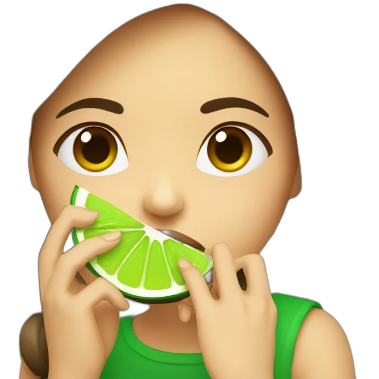 girl with brown hair and green lips eating a lime emoji