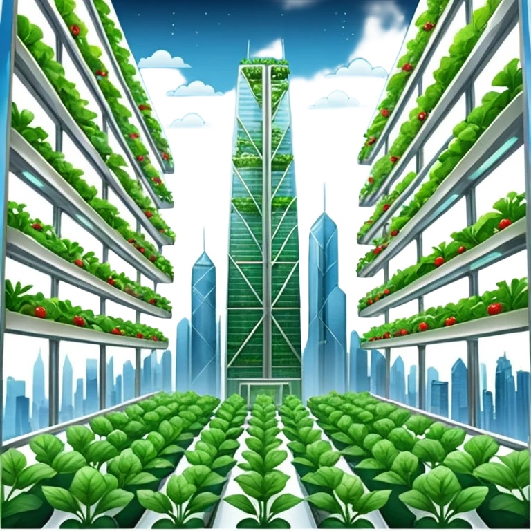 Vertical farm inside a towering skyscraper, with various crops growing in a hydroponic system under LED lights, viewed through a large window overlooking a futuristic city. emoji