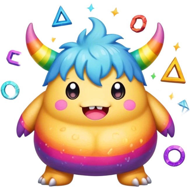 Kawaii derpy fat rainbow monster surrounded by magic runes, rich textures, visually rich, so lifelike that it feels like it could leap off the page at any moment emoji