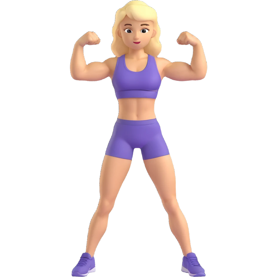 fröhliches, blondes Mädchen mit Sportkleidung, zeigt ihre Muskeln, Fitnessstudio-Hintergrund emoji