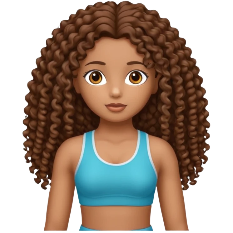 Uma boneca morena com olhos castanhos e cabelo cacheado longo até o peito, treinando Gym emoji