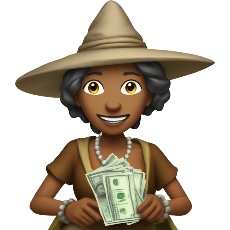 una bruja haciendo un hechizo salga un simbolo de dinero y texto gracias  gracias emoji