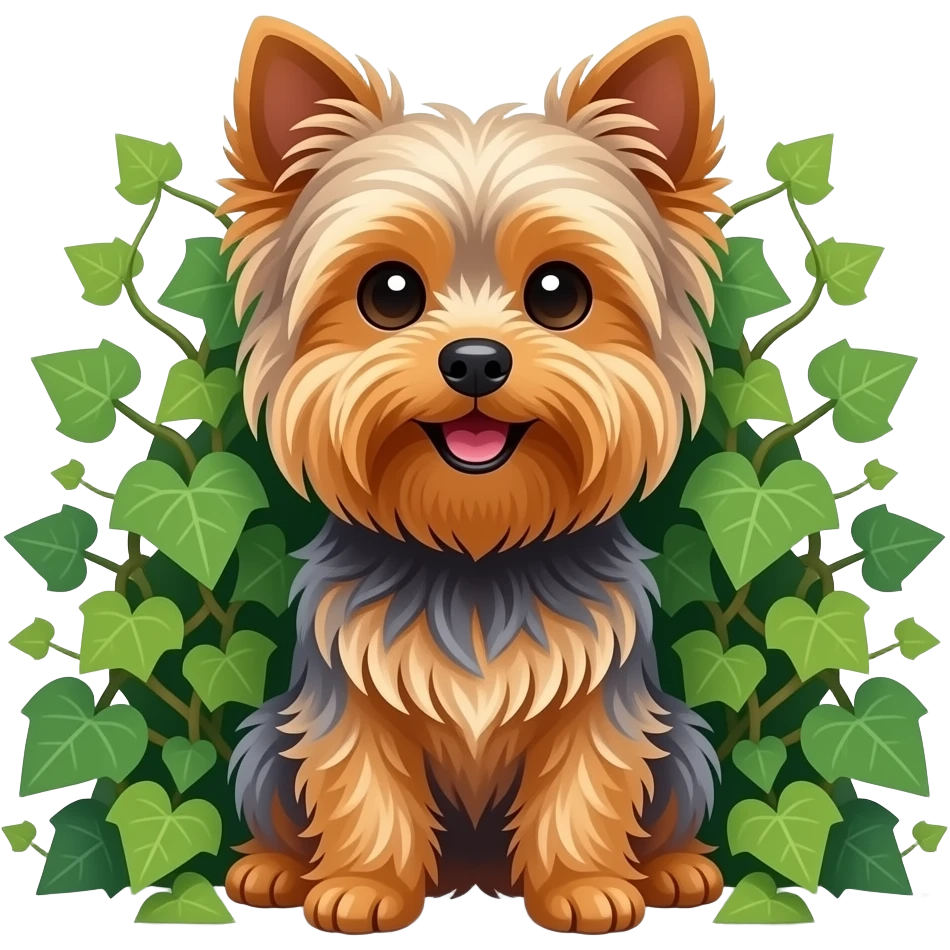 Yorkie dog smiling sitting among ivy emoji