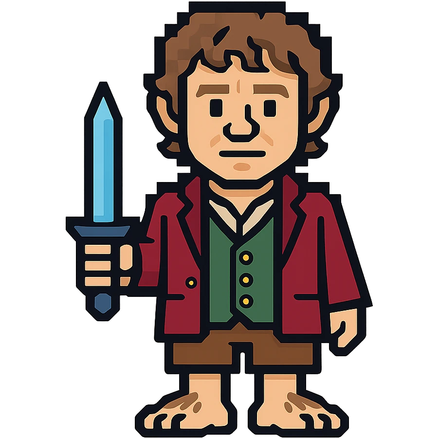 Whole body image of bilbo baggins from the hobbit movie in pixel art style. Bilbo is younger. Make Bilbo look like the actor that portrayed him in the movie, Martin Freeman. Bilbo is wearing the same red jacket, green vest, white undershirt, brown leather short pants, and hairy hobbit feet. He is holding a short sword that is glowing with a blue hue.  emoji