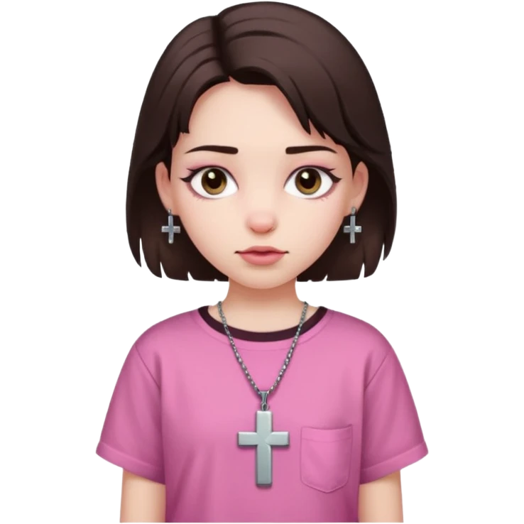 A girl with pale skin, a dark brown wolfcut,baggy pink shirt and cross earrings  emoji