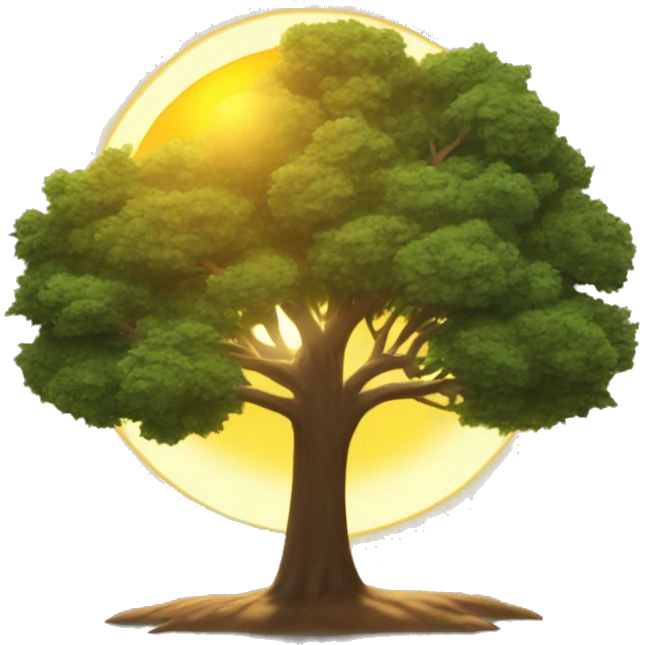 the sun high in the sky like noon and a tree under it and the shadow of the tree can be seen under it emoji