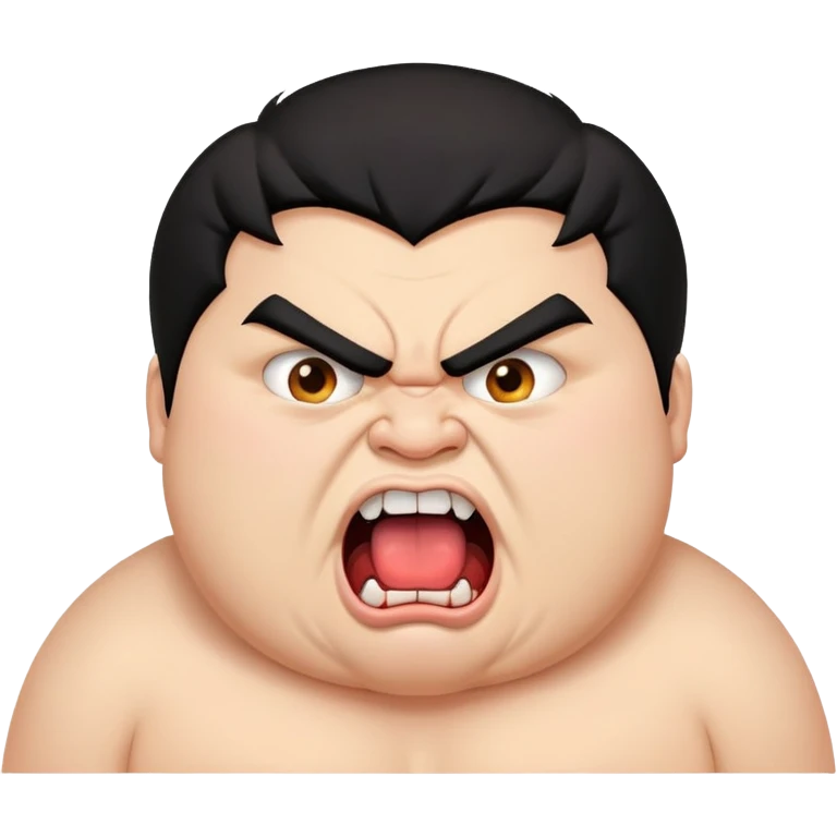 young angry fat man in profile view with black hair, fangs, crossed eyes, long tongue sticking out emoji