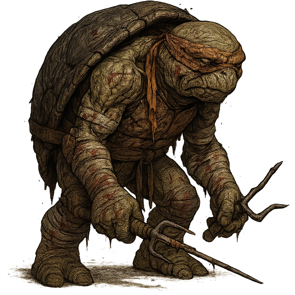 ancient ninja turtle, wrinkled and scarred, bandages, broken weapon, hunched posture, showing signs of a recent brutal battle emoji