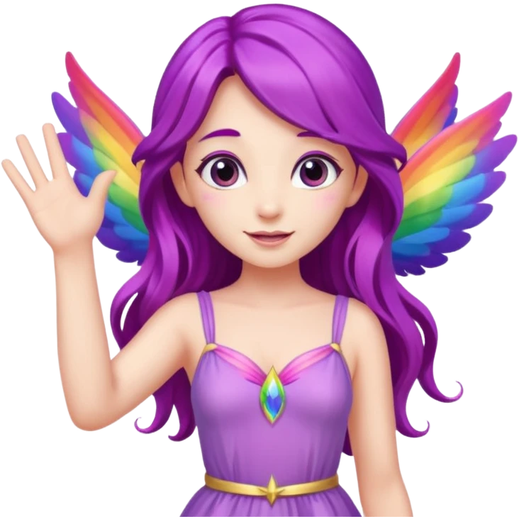 Female fairy
Long purple hair
Pink dress
Rainbow wings
Waving one hand
Saying hello

 emoji