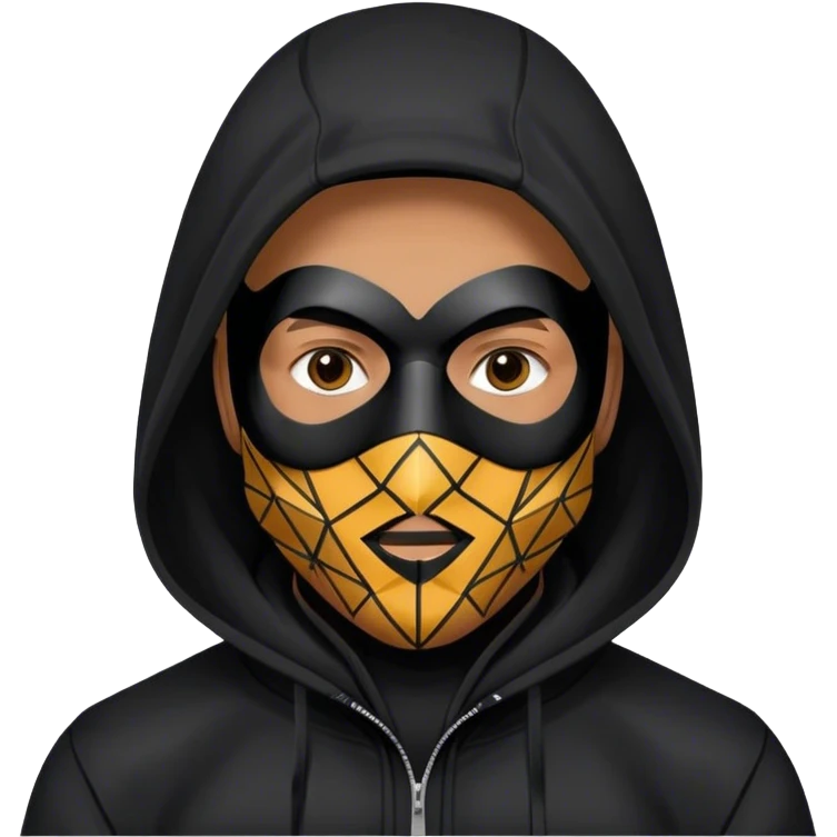 man with black hooded jacket and a only-black full-face geometric mask emoji