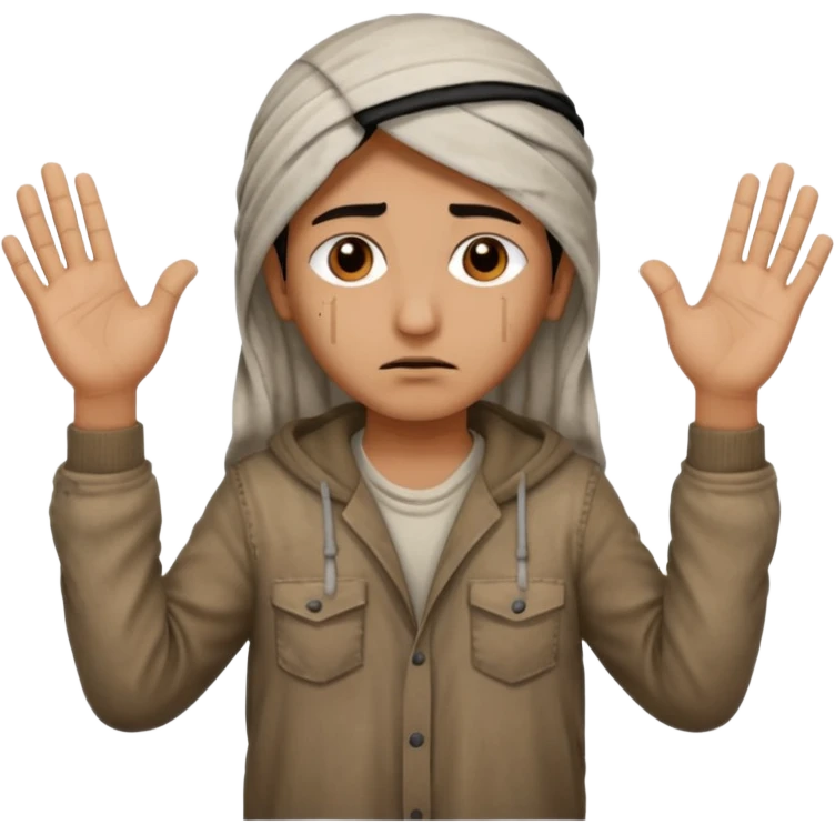 surrenders, portray an authentic 1980 Iraqi with a sad face and raised hands emoji