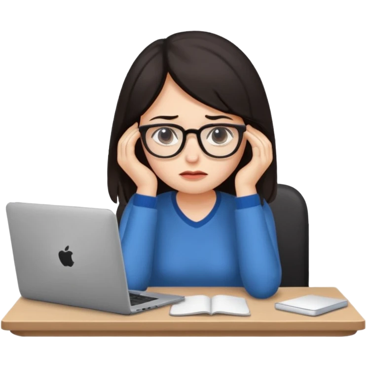  iOS emoji style - An sad and overwhelmed woman sitting at a desk with a laptop - She has dark hair. emoji