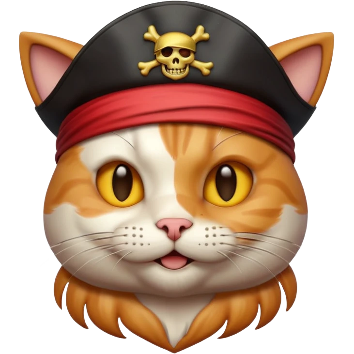 Premium 3D emoji icon of cat, pirate theme, high detail, glossy finish, claymorphism style, soft studio lighting, isolated on white background, 8k resolution, stylized professional look --v 6.0 emoji