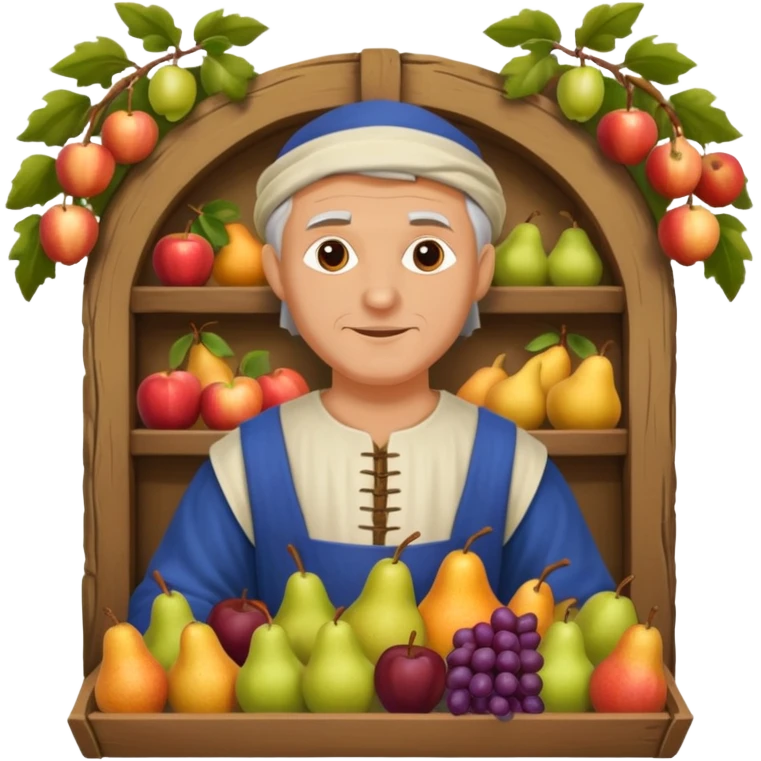 a white merchant in medieval time with fruit stand emoji