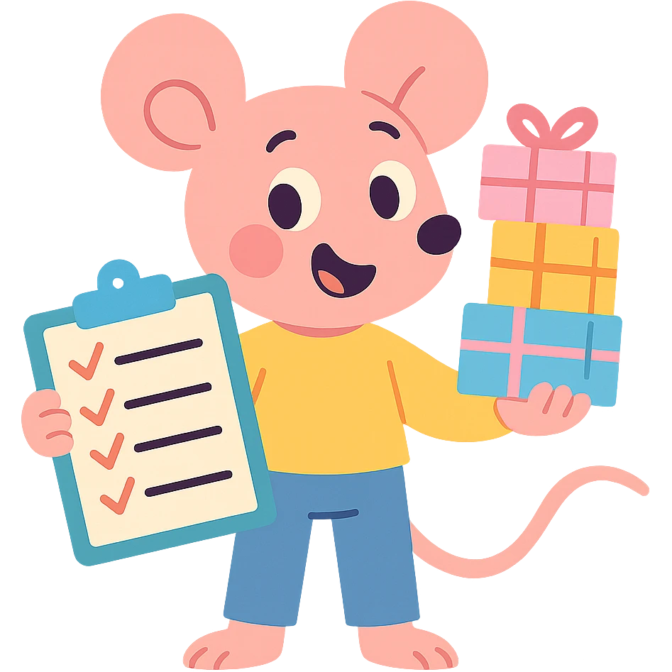 mouse with checklist and mini presents in pastel-toon style emoji