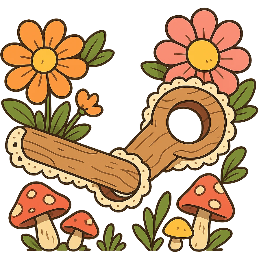 playful cottagecore Steam logo formed from puffy cartoon wood and lace, big colorful flowers and mushrooms, cheerful bright, no text emoji