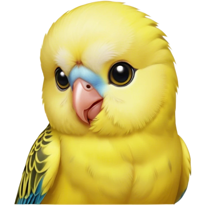 Cinematic Cute Yellow Budgie Portrait Emoji, Head tilted playfully and inquisitively, featuring a radiant yellow feathered fur with a natural sheen, round, sparkling dark eyes filled with curiosity, Simplified yet irresistibly adorable features, highly detailed, glowing with a warm, friendly glow, high shine, affectionate and lively, stylized with a touch of whimsy, bright and endearing, soft glowing outline, capturing the essence of a mischievous yet loving budgie, so playful it feels like it could chirp out of the screen and into your arms! emoji