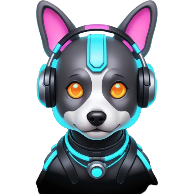 cute cyberpunk dog, futuristic headset, neon harness, glowing cyber implants, street punk vibe, 3D cartoon, mobile game icon style, clean background, no text, no watermark
 emoji