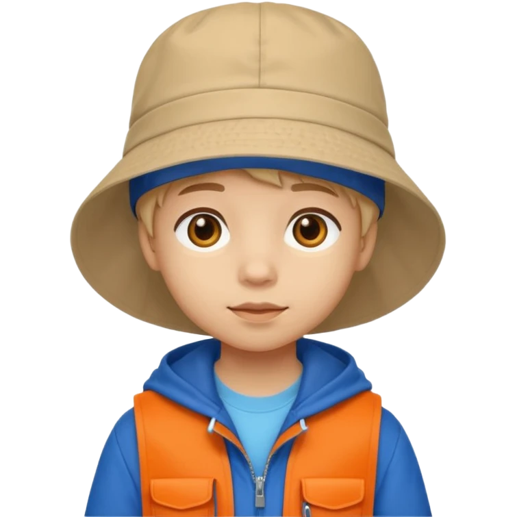 A little student with beige bucket hat, orange jacket, blue backpack emoji