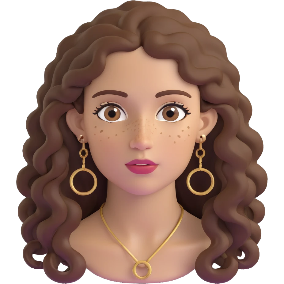 Attractive Greek woman with a wide face, freckles, long curly brown hair and gold hoop earrings emoji