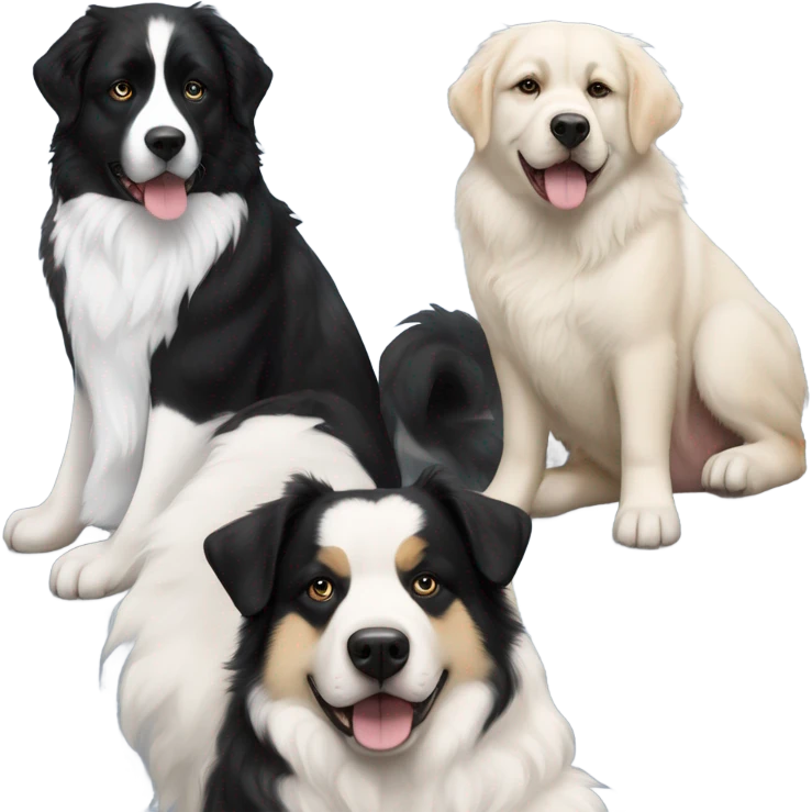Landseer Great Pyrenees, black and white Husky, Black tri Australian Shepherd and tan and black French Bulldog sitting next to each other emoji