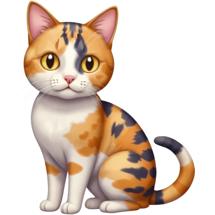 full body anxious looking colourful patchy calico tabby cat with tiny head to large body with fully white front legs emoji