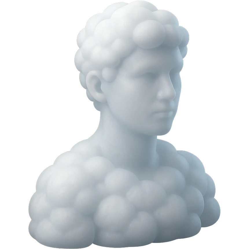 person looking straight, composed entirely of white fluffy convex clouds, shoulder up, matte glass style emoji