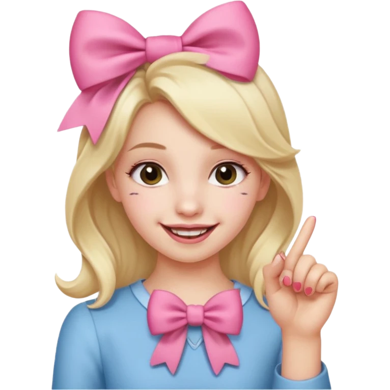 Chica sonriendo con un lazo rosa en la cabeza y mordiendose la punta del dedo indice con delicadeza y la otra mano que no salga emoji