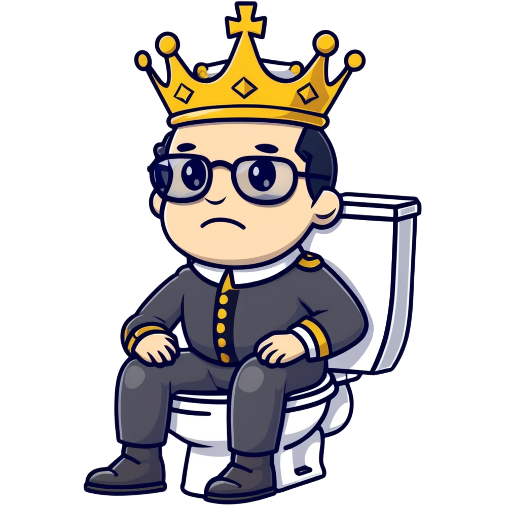 King Charles III with crown sitting on a toilet, wearing round glasses and black hair emoji