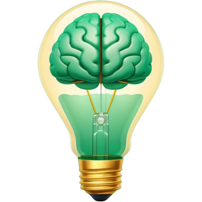 3D lightbulb icon with brain pattern inside, glowing softly, modern glossy style, deep green (#0B3D2C) base, gold (#C9B037) filament glow, cream (#F5F5DC) light, transparent background, premium render emoji