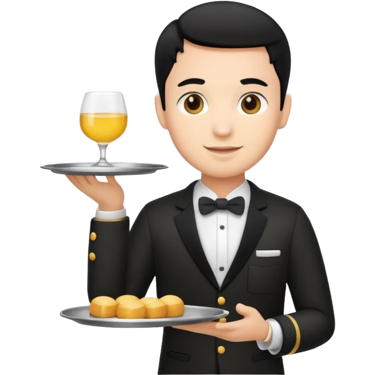 emoji man light skin and black hair, con uniforme de camarero de pie emoji