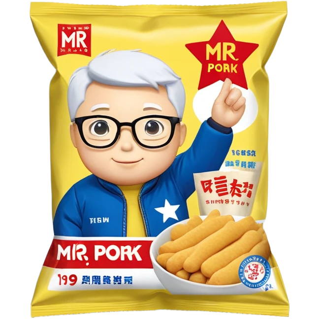 a yellow snack package labeled "MR KIM PORK" with "THE LEGENDARY SNACK" written at the top. The packaging features an illustrated person wearing glasses and a blue jacket with a red band containing a white star. The package also indicates it contains "11g PROTEIN PER PACK" and has "TRIPLE" on a banner with numbers "190/135". emoji