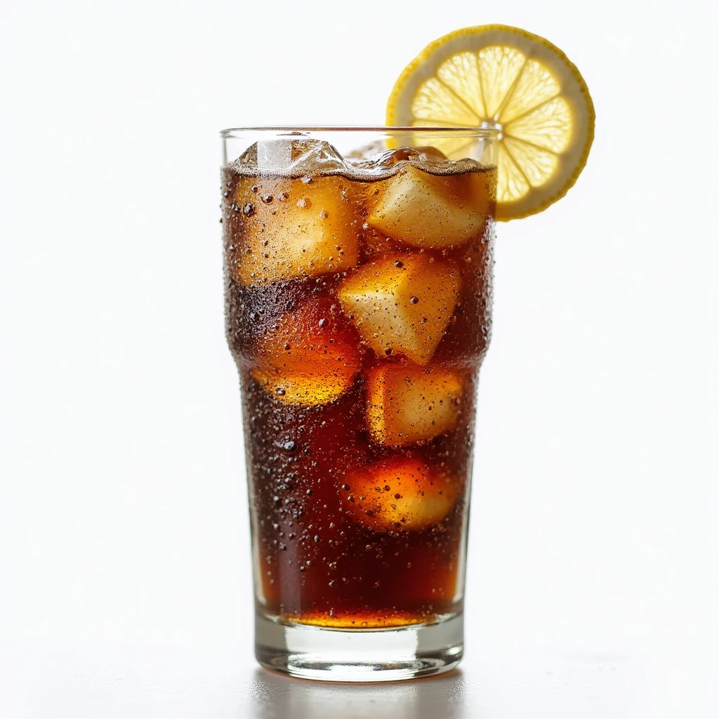 realistic glass of cola with ice, bubbles and lemon wedge, photorealistic style emoji