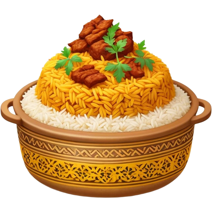 Cinematic Realistic Biryani Dish Emoji, depicted as aromatic basmati rice layered with spiced meat and herbs rendered with vibrant textures and warm, inviting lighting. emoji