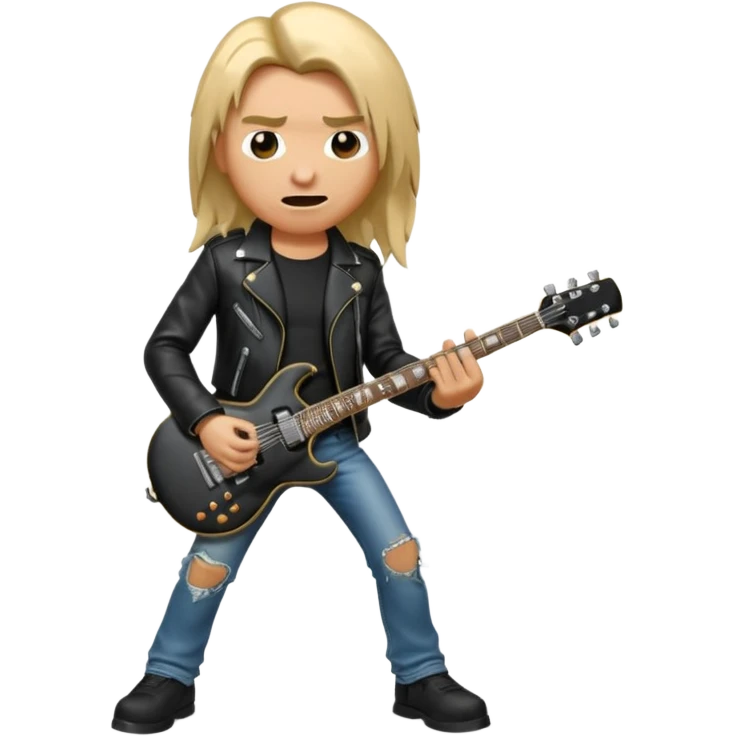 3D Apple-style emoji of a metal musician. Long hair, black leather jacket, ripped jeans, holding an electric guitar. Intense expression, glossy, rounded, smooth, soft shadows, white background.










 emoji