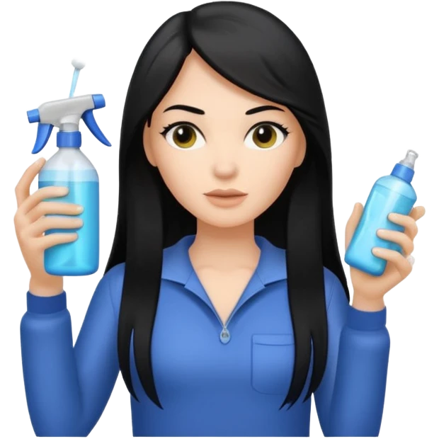 A white woman with long, straight black hair, holding a spray bottle in one hand and misting it toward her hair. emoji
